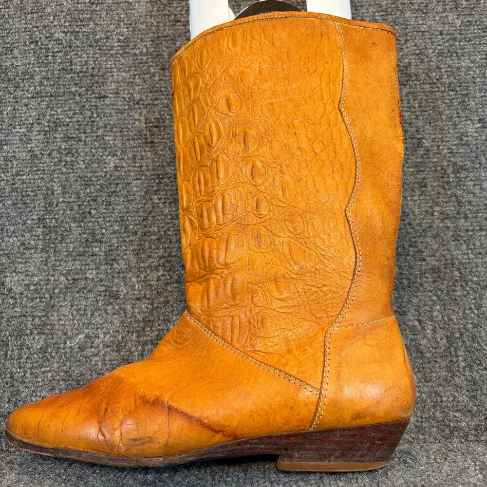 Vintage Unisa Cognac Leather Western Pull On Crocodile Cowgirl Boots Size 7